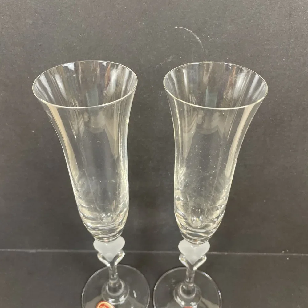 2 Gorham Amore Heart Champagne Toasting Flutes Frosted Crystal 10” Germany